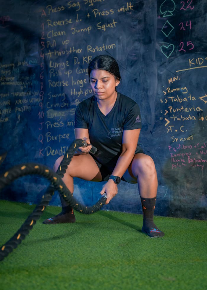 our-story-01 A woman performs a battle rope workout in a gym with a blackboard filled with exercises in the background.