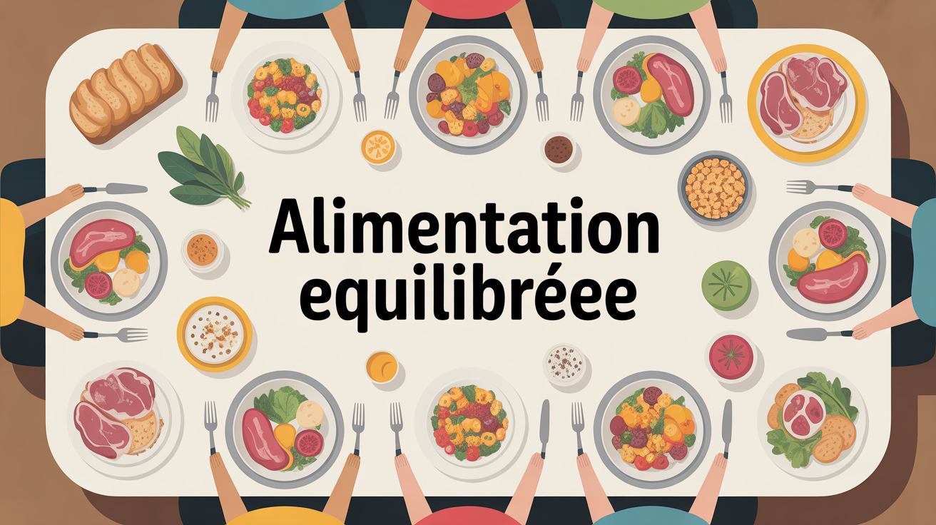 grande table familiale avec plats equilibres et legumes