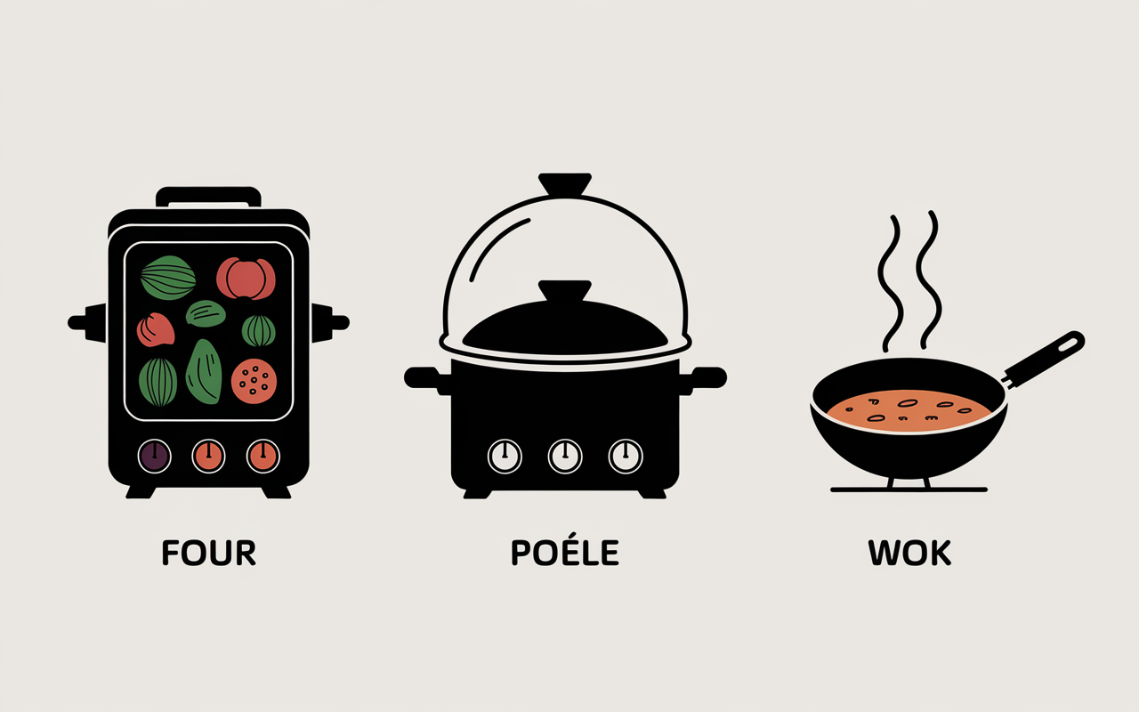 pictogrammes cuisson four poele wok poulet tendre