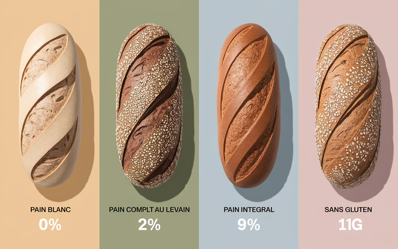 Tableau pain blanc complet levain sans gluten chiffres nutrition