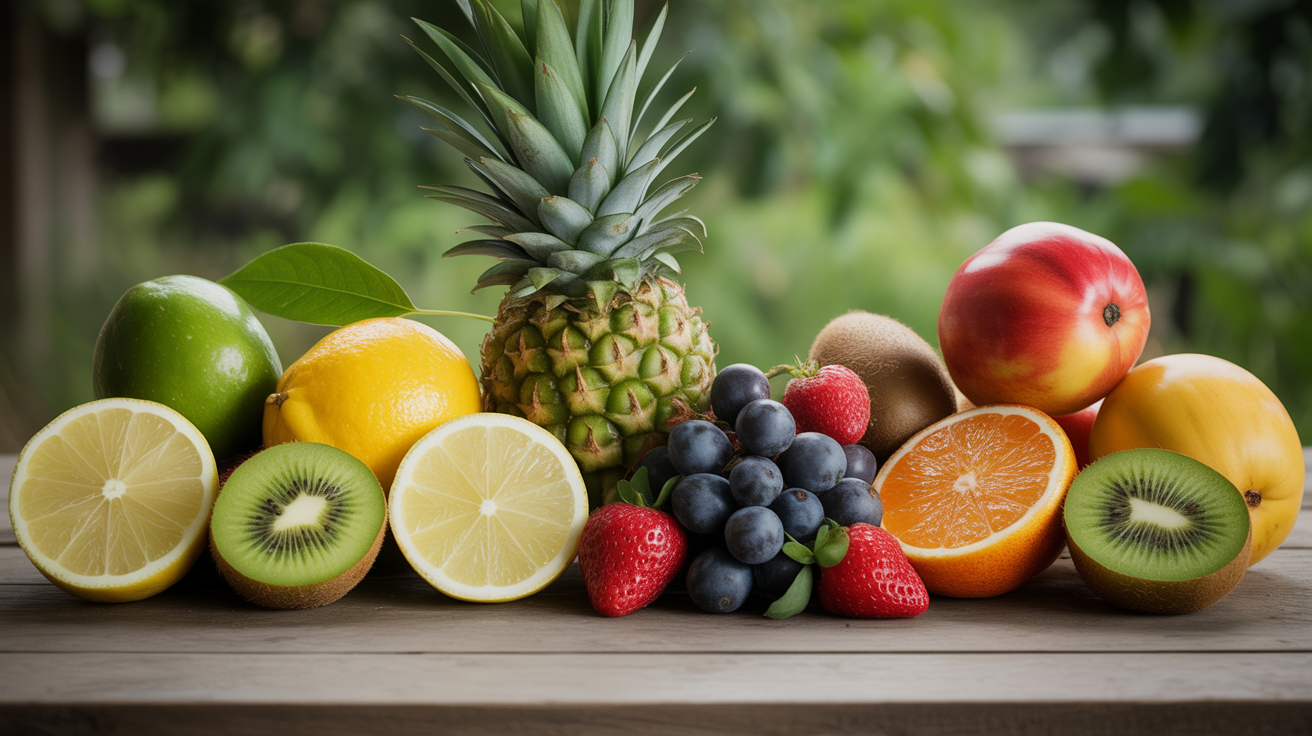 Fruits les moins sucres avocats citrons fraises kiwis pastèques pamplemousses sur table en bois ambiance naturelle