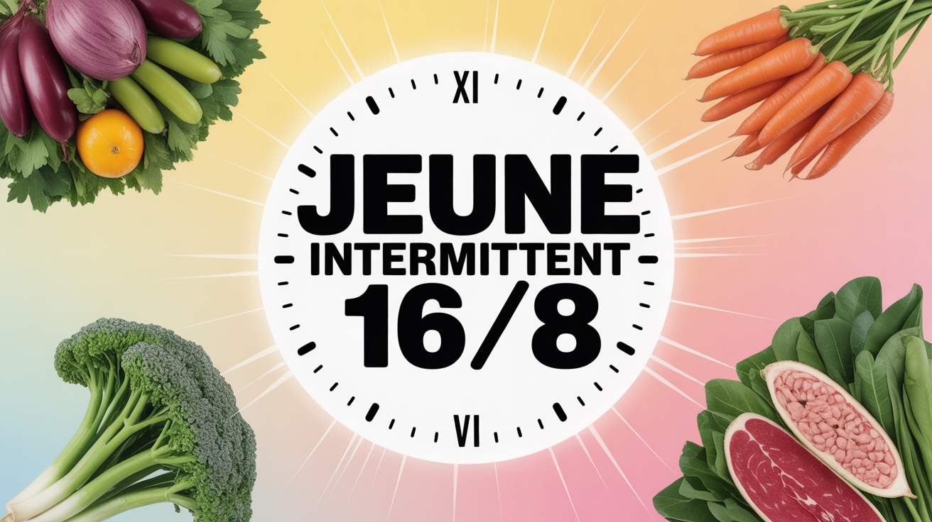 table du jeûne intermittent 16 8 avec horloge et aliments sains