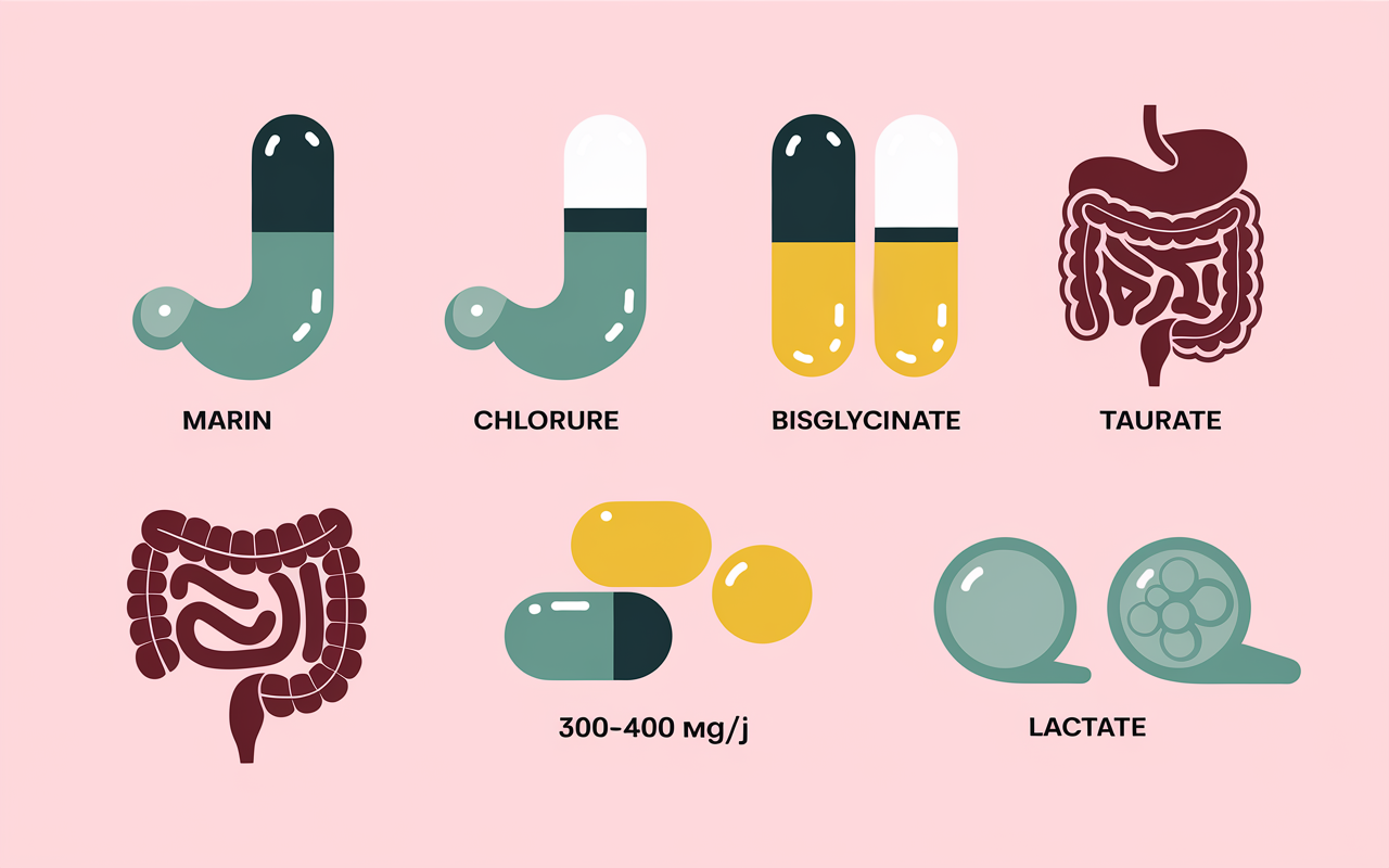 Pilules magnésium, pictogrammes digestifs, dosages