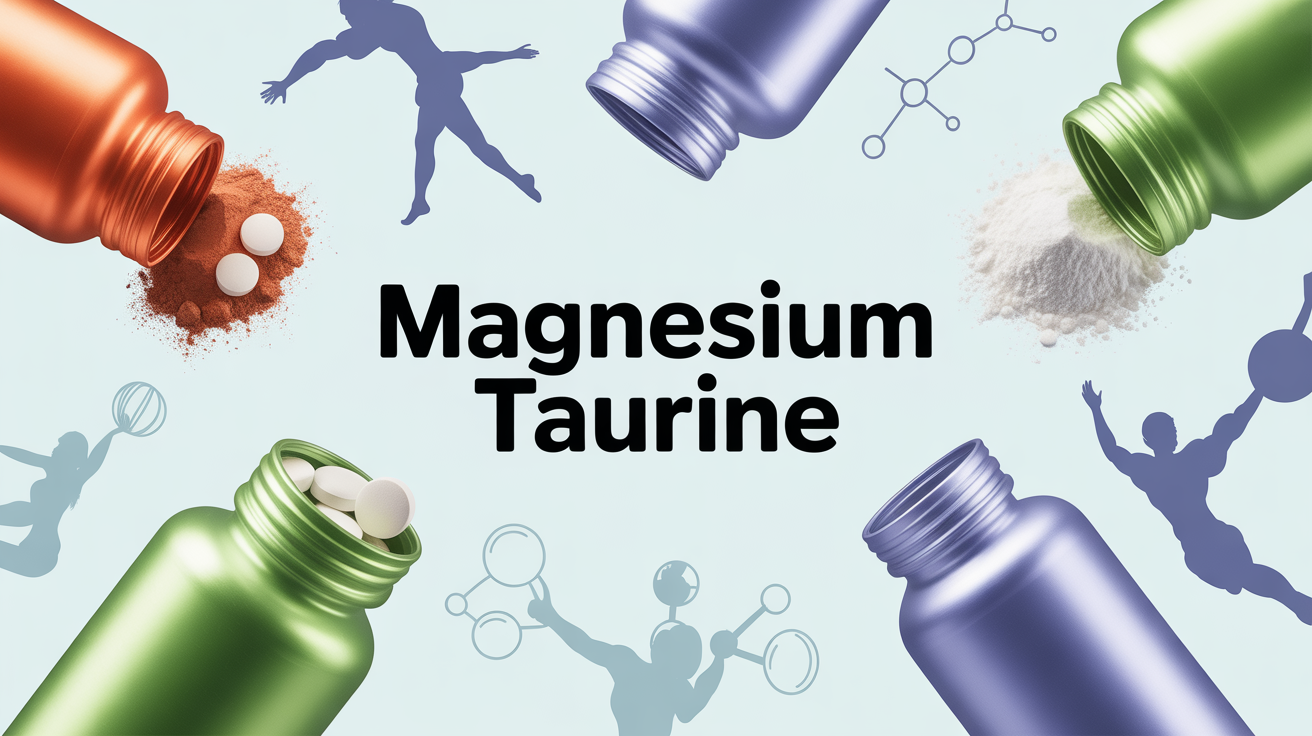 Image centrale Magnesium Taurine, flacons et poudre, silhouettes athlétiques