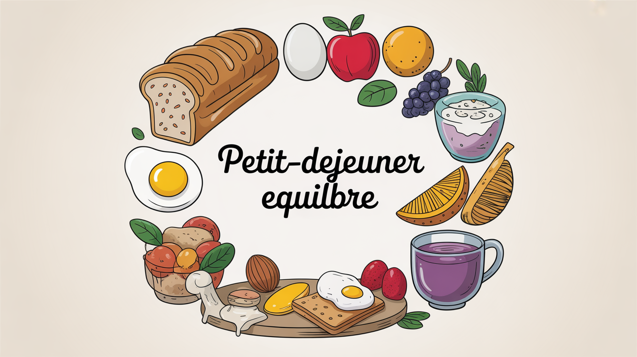 Planche d'ingrédients petit-déjeuner équilibre pain complet oeufs fruits amandes