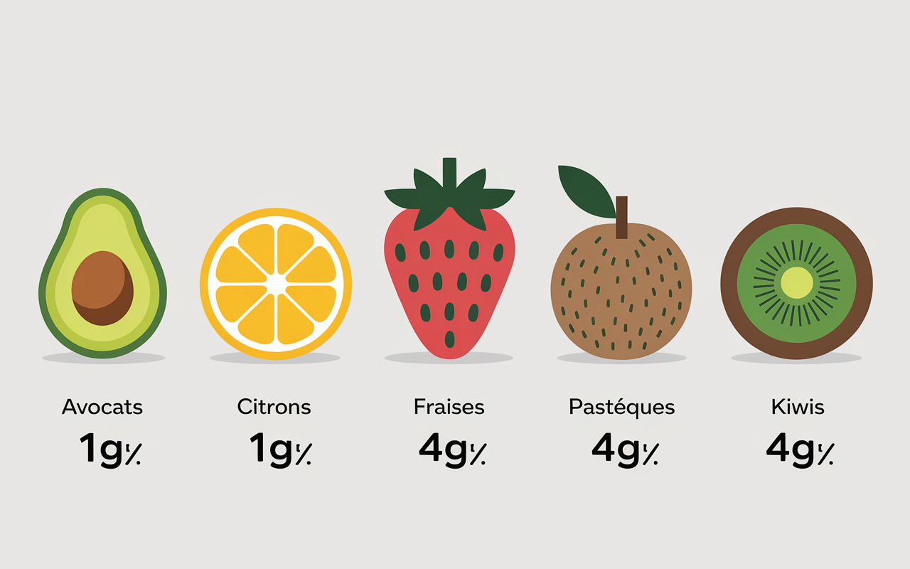 Tableau fruits les moins sucres avocats citrons fraises pastèques kiwis grammage visuel