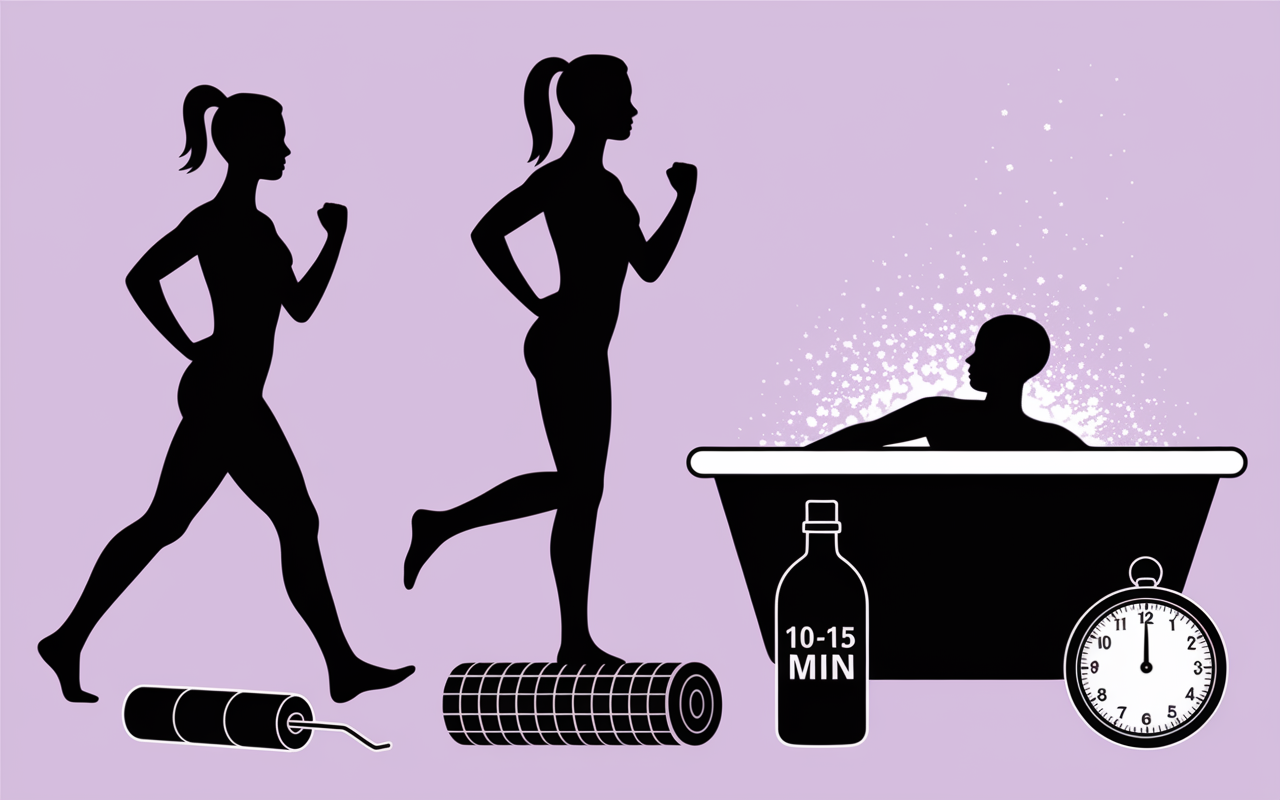 Silhouettes récupération jambes marche, cryothérapie, foam roller