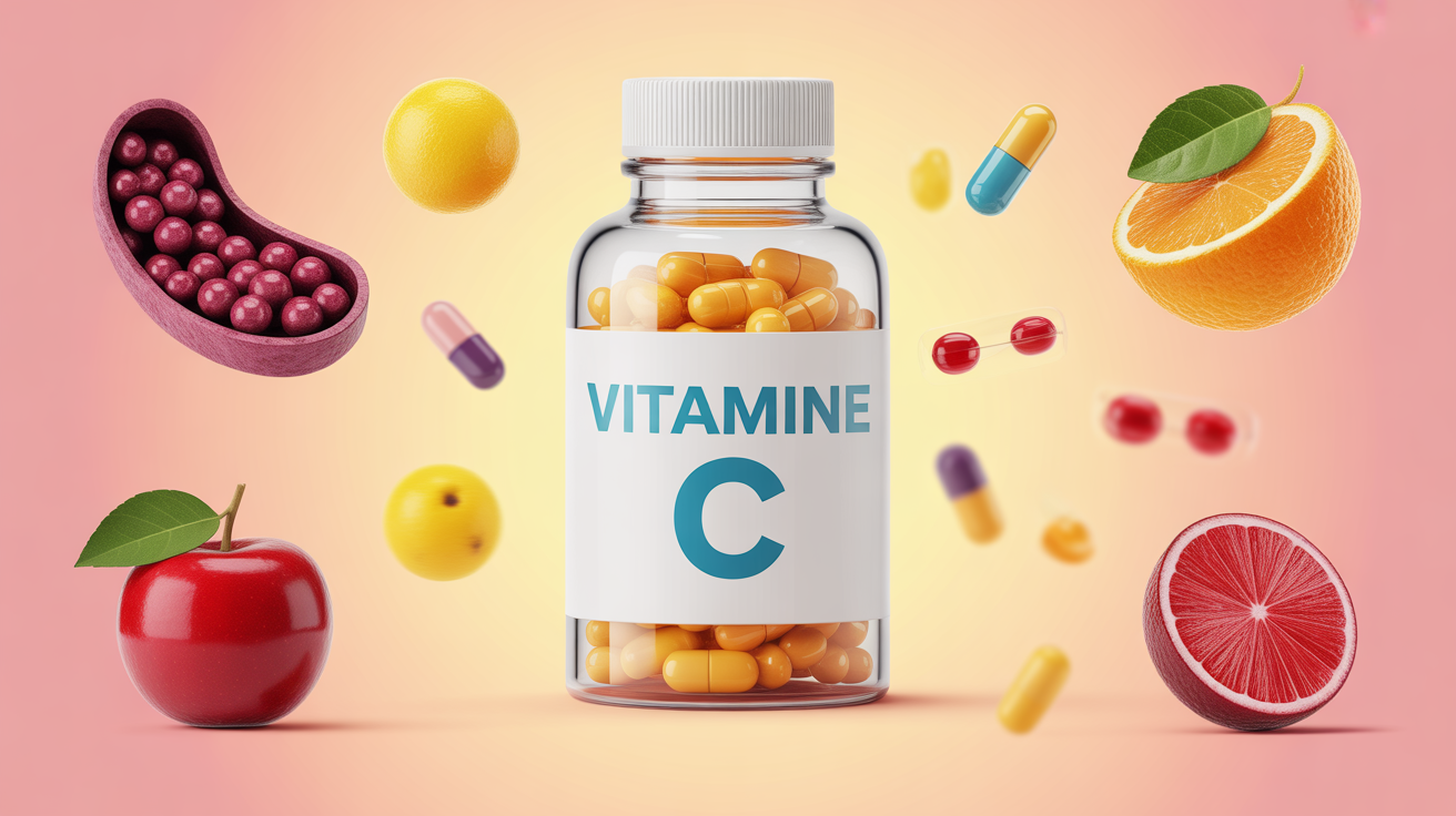 Flacon vitamine C, acérola, gélules, schéma biodisponibilité pharmacie