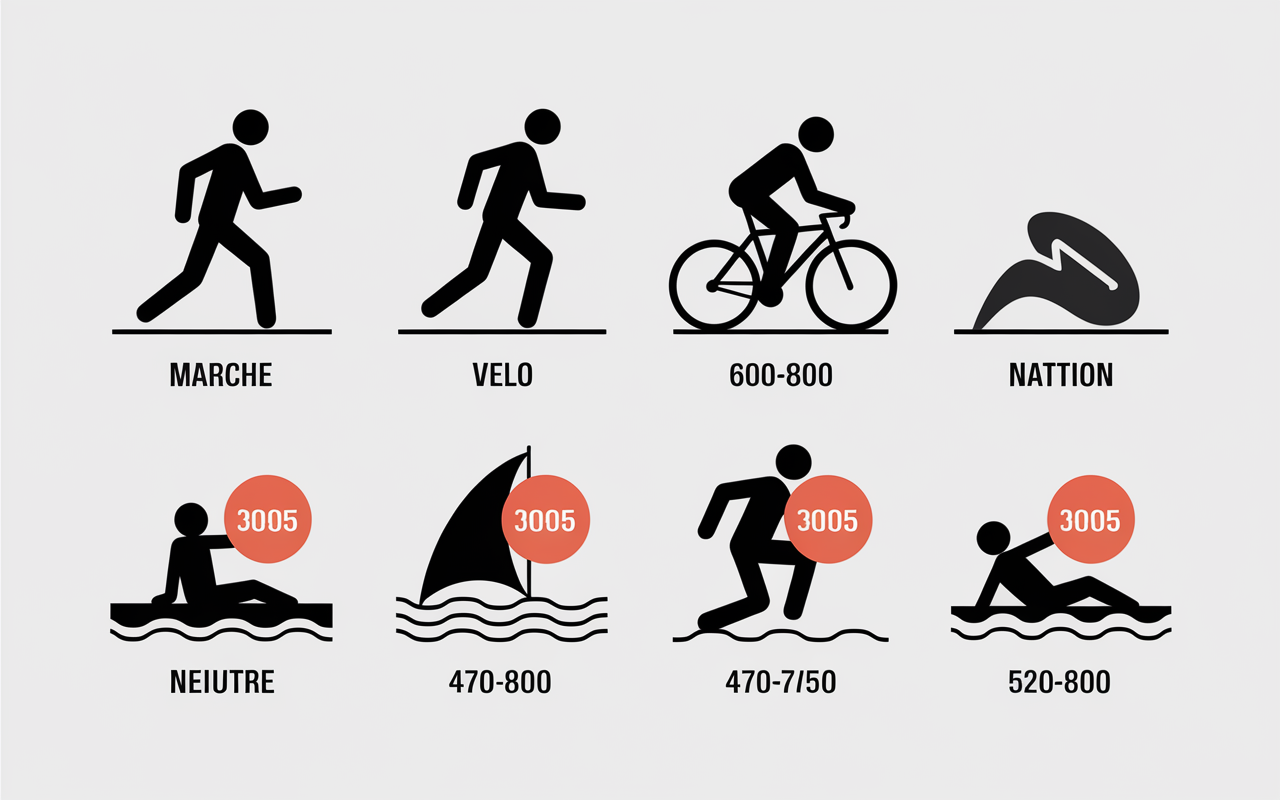 Infographie calories marche a pied course velo natation