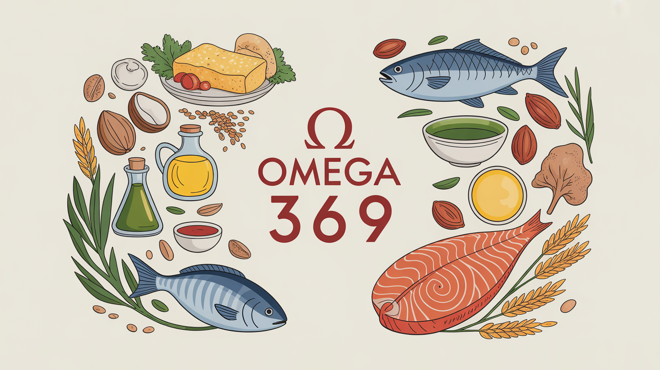Assiette avec poissons gras, huiles, noix et graines, Omega 3 6 9