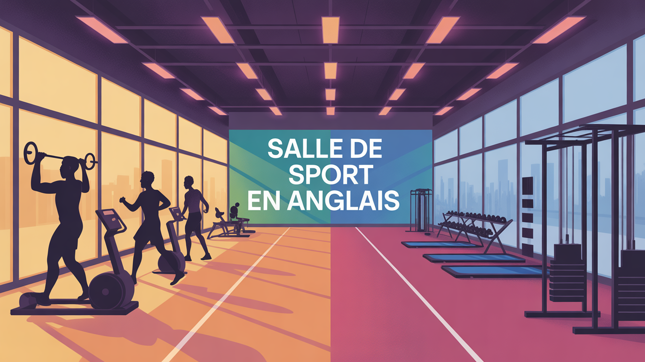 Salle de sport en anglais, silhouettes sur machines, zones cardio, illustration