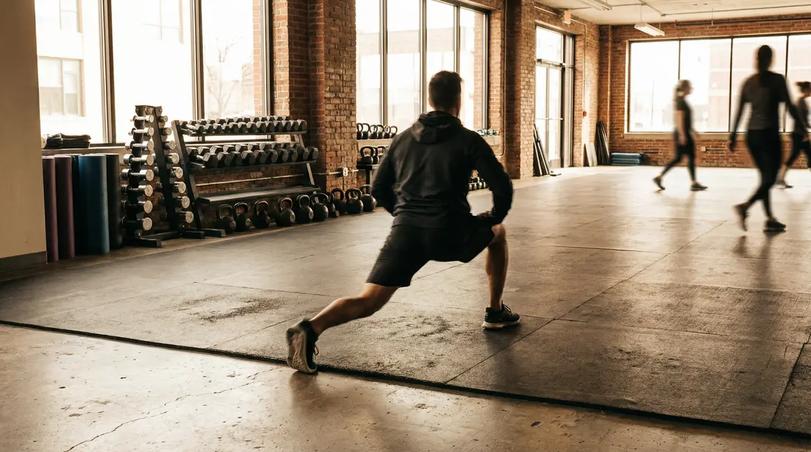 Athlete musculation etirement dynamique salle lumineuse