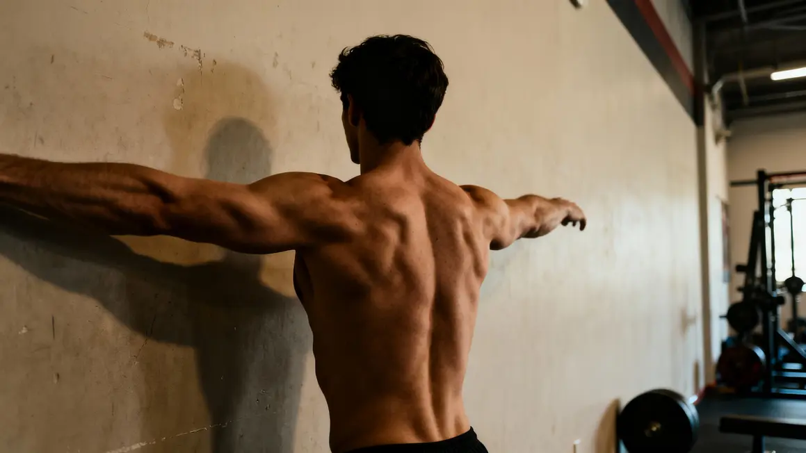 Homme etirement pectoraux mur gymnase