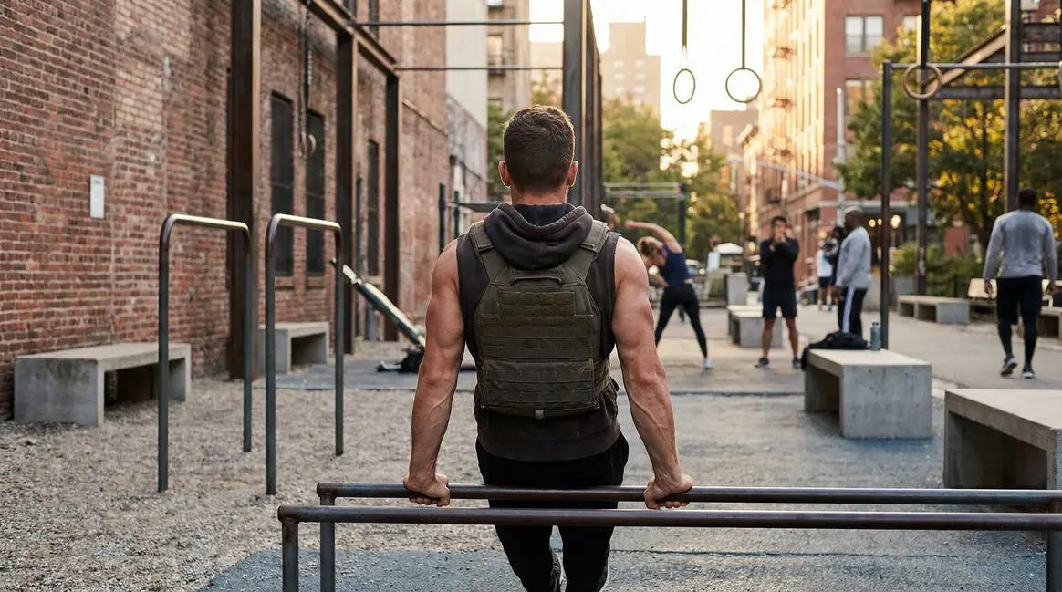 Sportif en gilet leste faisant musculation métabolisme urbain