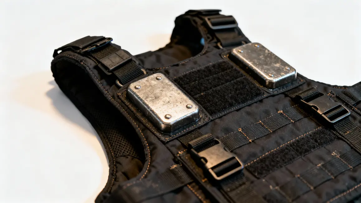 gros plan gilet lesté noir poches métalliques sangles