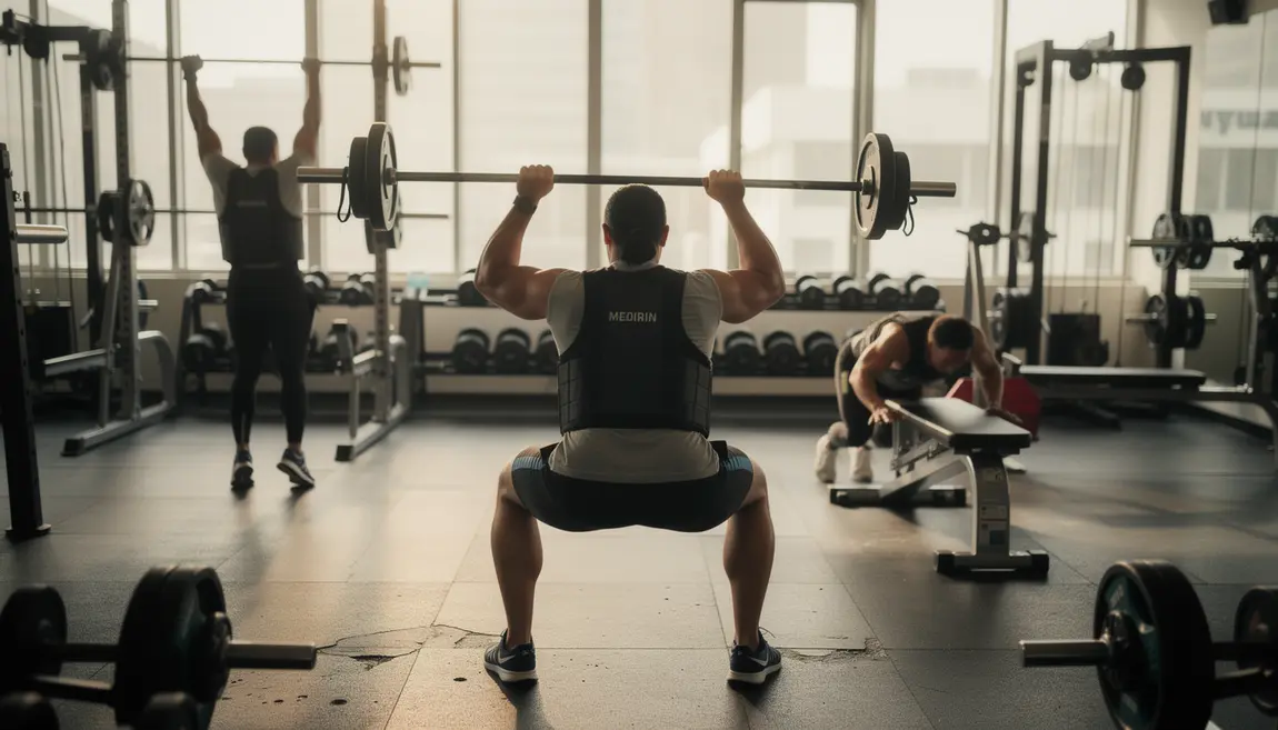 Sportifs en gilet lesté pratiquant squats tractions pompes salle de gym