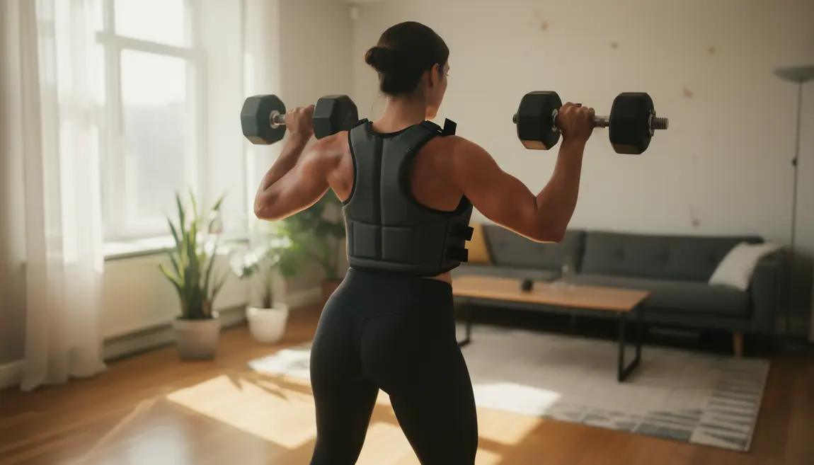 femme 50 ans fait musculation haltères gilet lesté à la maison