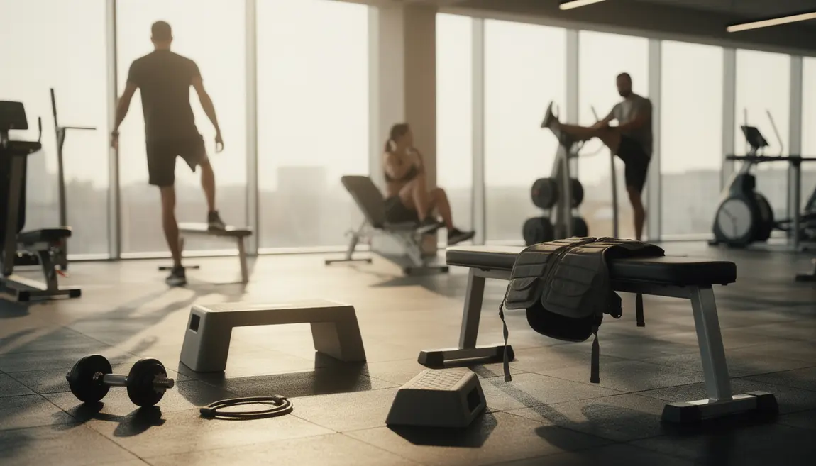 Salle de sport, exercices mollets, gilet lesté, accessoires minimalistes