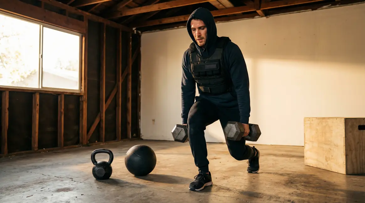 athlète s’entraîne en home gym avec gilet lesté noir