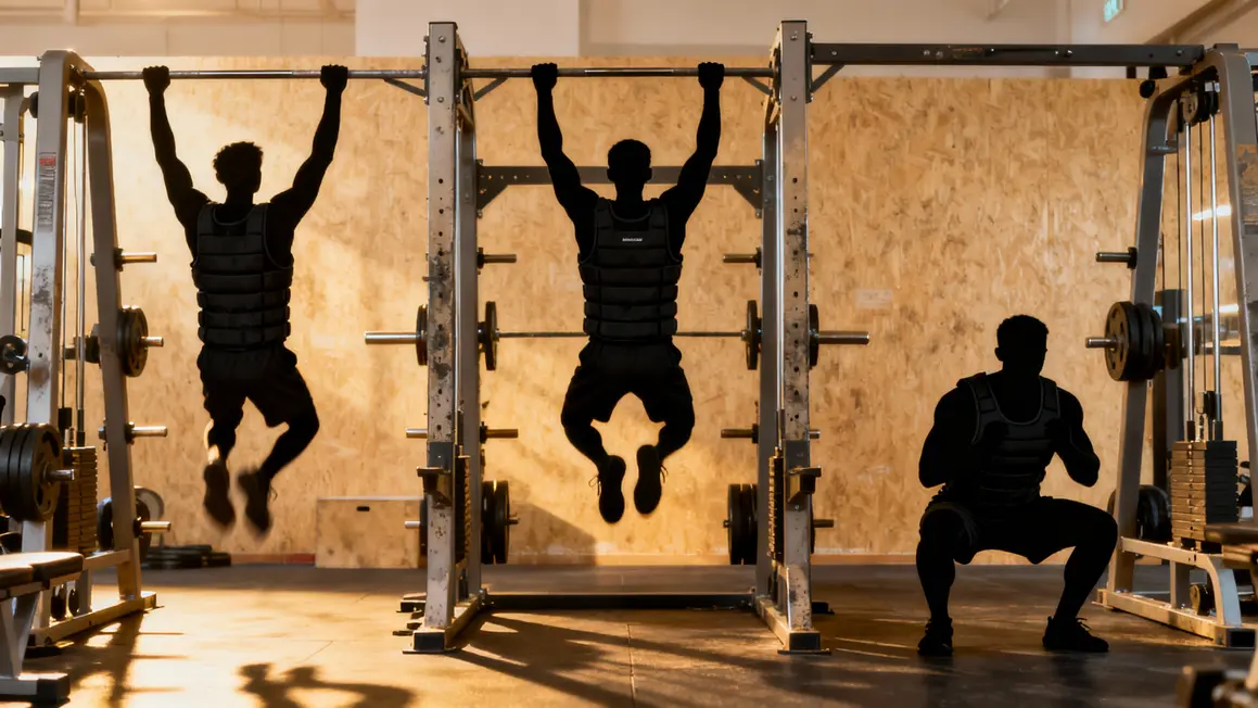 Silhouettes réalisant tractions squats burpees avec gilet lesté Suprfit Sigurd 3D