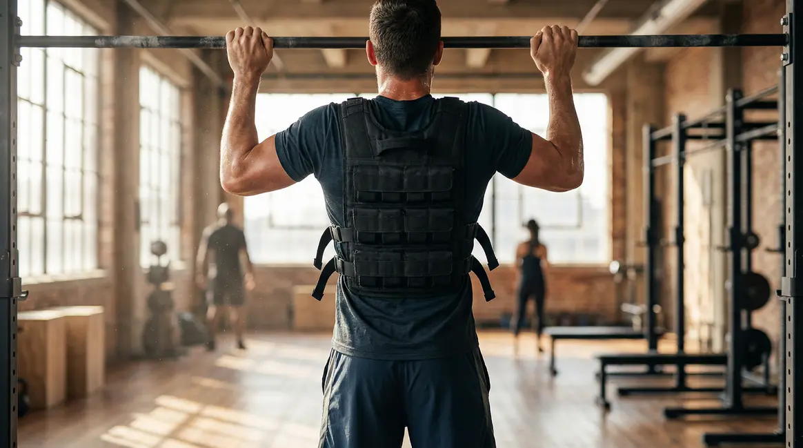 Homme avec Sveltus gilet lesté 10kg faisant des tractions