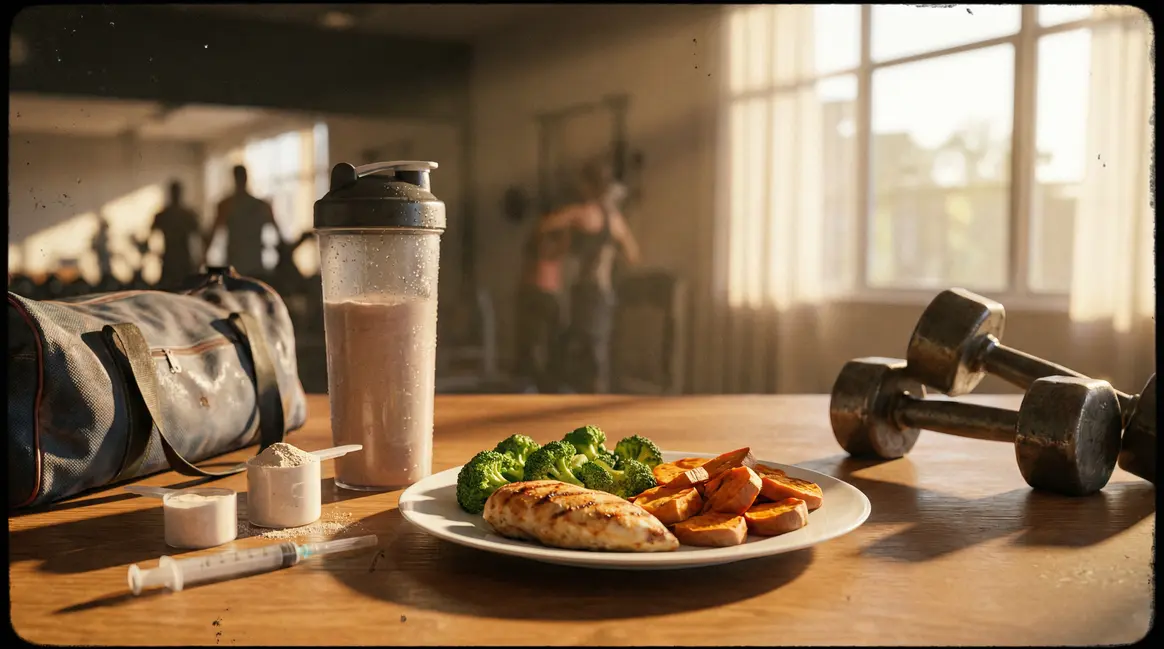 Shaker de protéine et assiette équilibrée pour musculation, matin sportif
