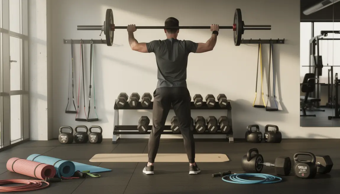 Personne effectuant un développé militaire barre, posture parfaite, salle musculation moderne