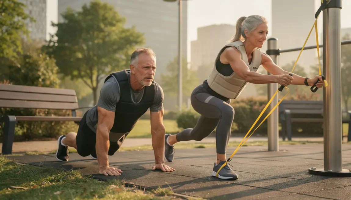 Homme femme 50 ans exercices poids du corps parc urbain