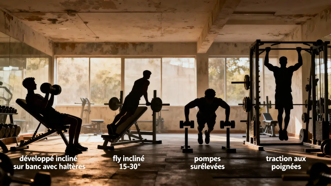 silhouettes exercices haut des pectoraux gilet leste banc incliné fly pompes