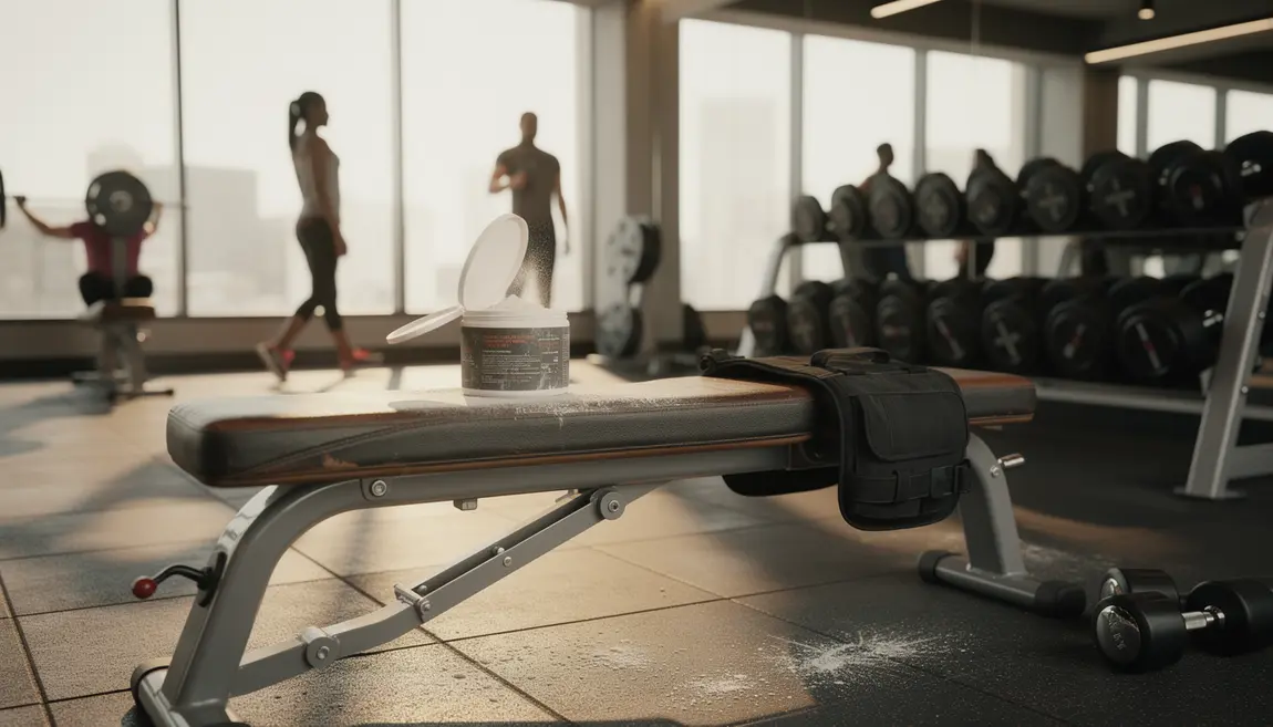 Salle de sport avec magnésium et haltères pour récupération musculaire