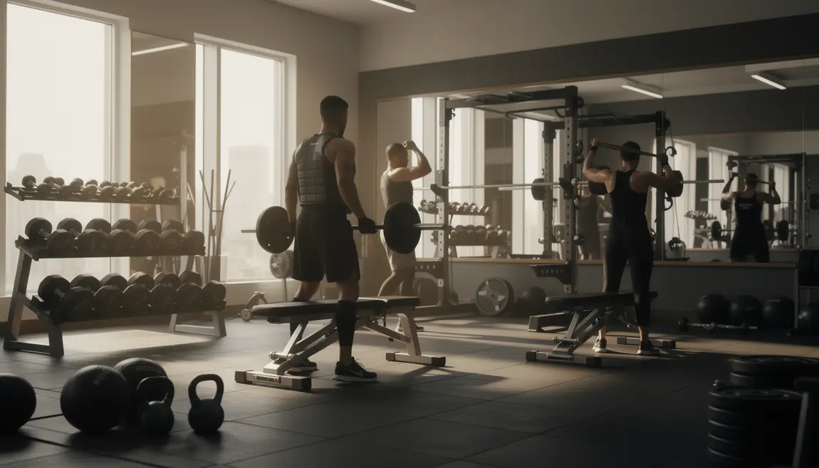 Salle de musculation moderne, silhouettes avec gilet leste, echauffement