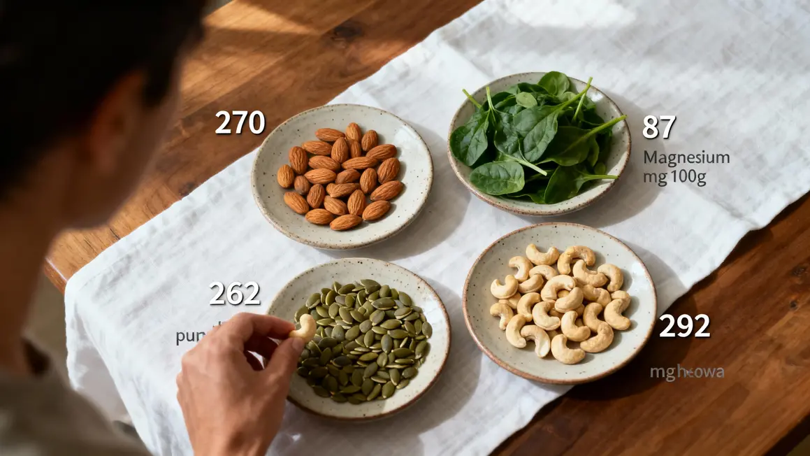 Assiettes d'amandes, épinards, graines de courge avec valeurs de magnésium