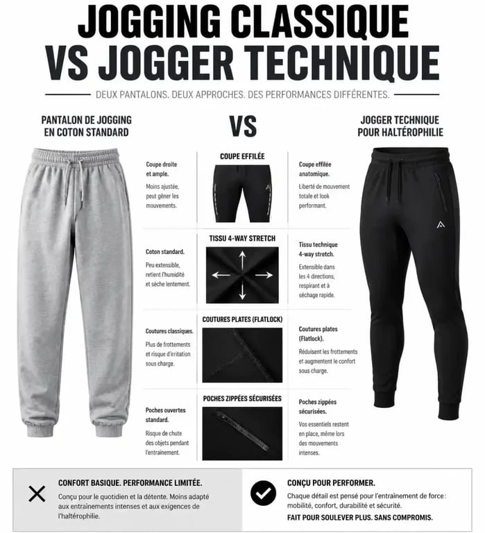Comparatif entre un jogging classique et un pantalon de musculation technique pour l'entraînement