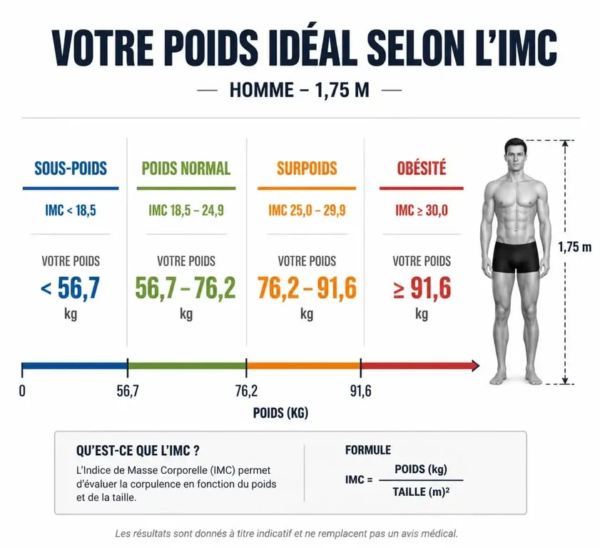 Tableau des tranches de poids pour un homme d'1m75 selon l'IMC