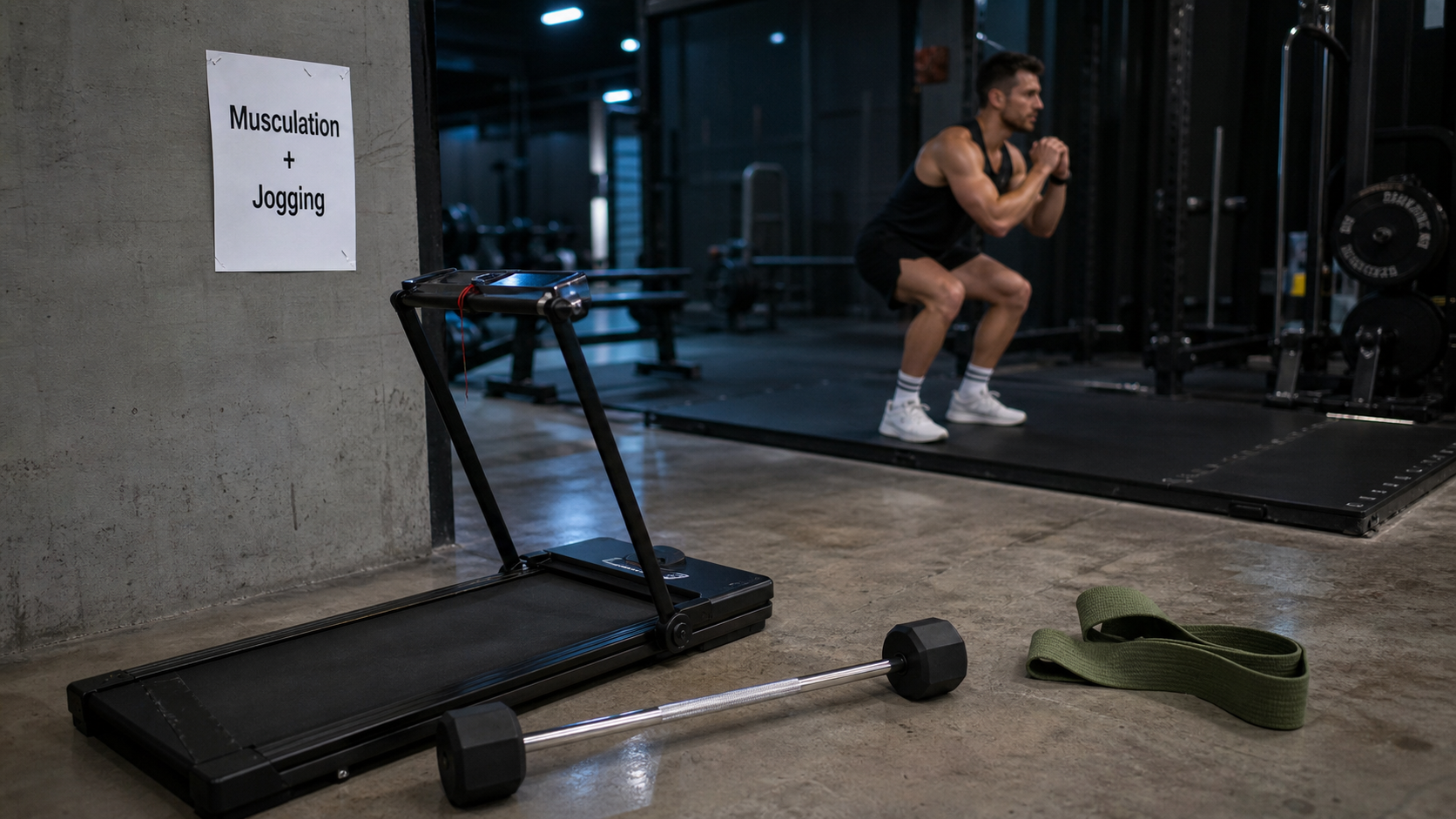 Jogging et musculation : tapis de course et haltères en salle
