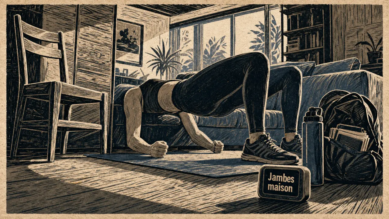 Musculation jambes maison : hip thrust dos au canapé, genoux protégés