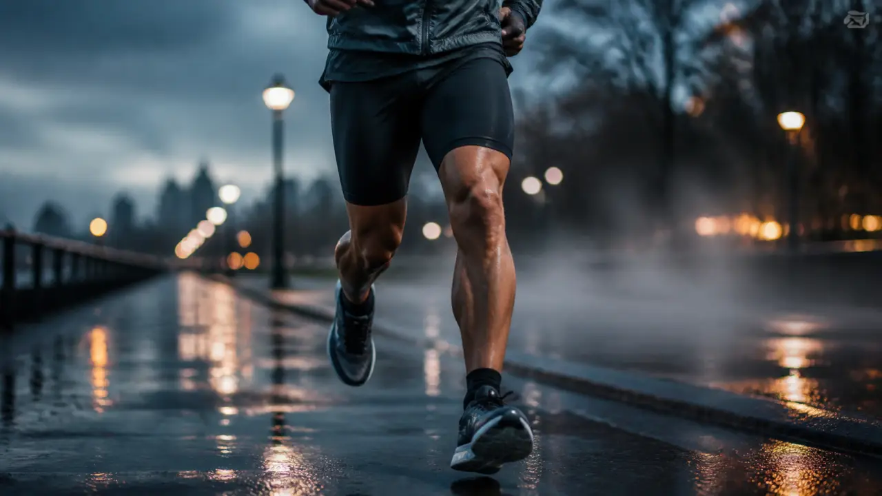 Tenue running homme : coureur visible sur sentier humide, au sec