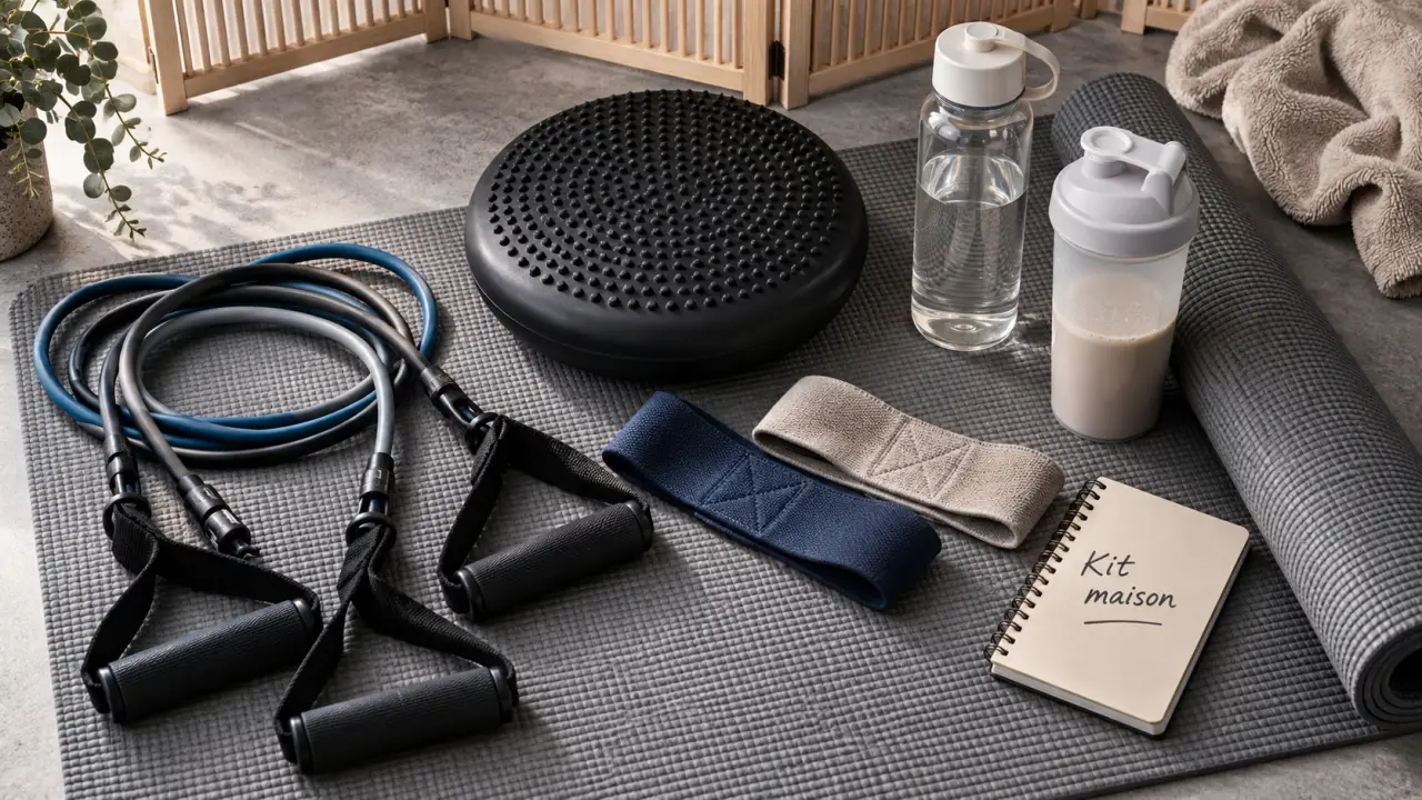 Accessoirs de sport pour s’entraîner chez soi : bandes élastiques, coussin d’équilibre et gourde