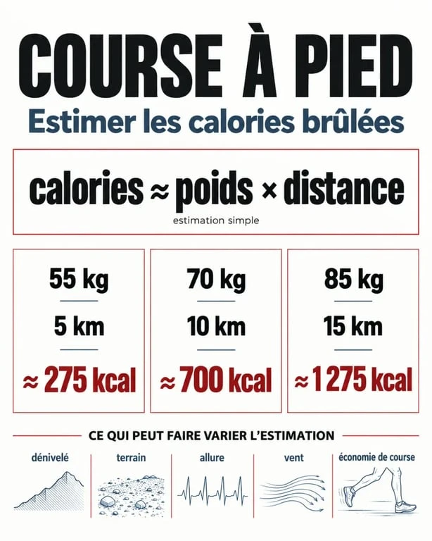 Infographie sur les calories course a pieds selon le poids et la distance