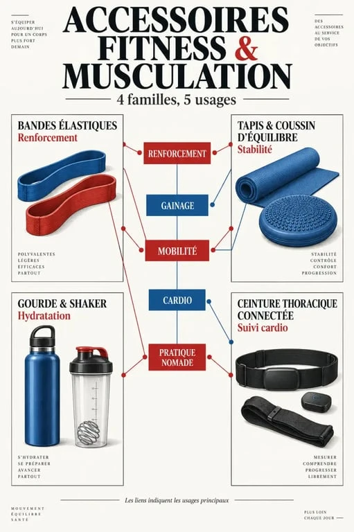 Accessoirs de sport pour fitness et musculation selon les objectifs de renforcement, stabilité, cardio et pratique nomade