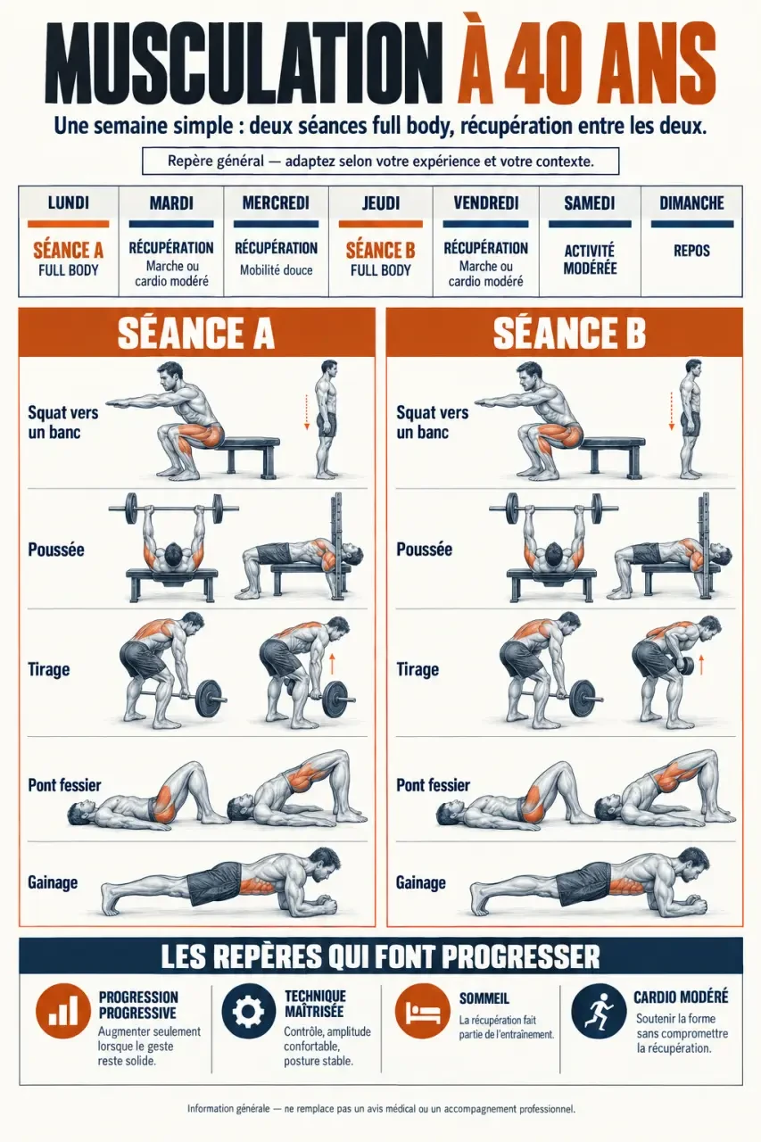 Infographie sur la musculation homme 40 ans avec deux séances hebdomadaires, récupération et progression progressive